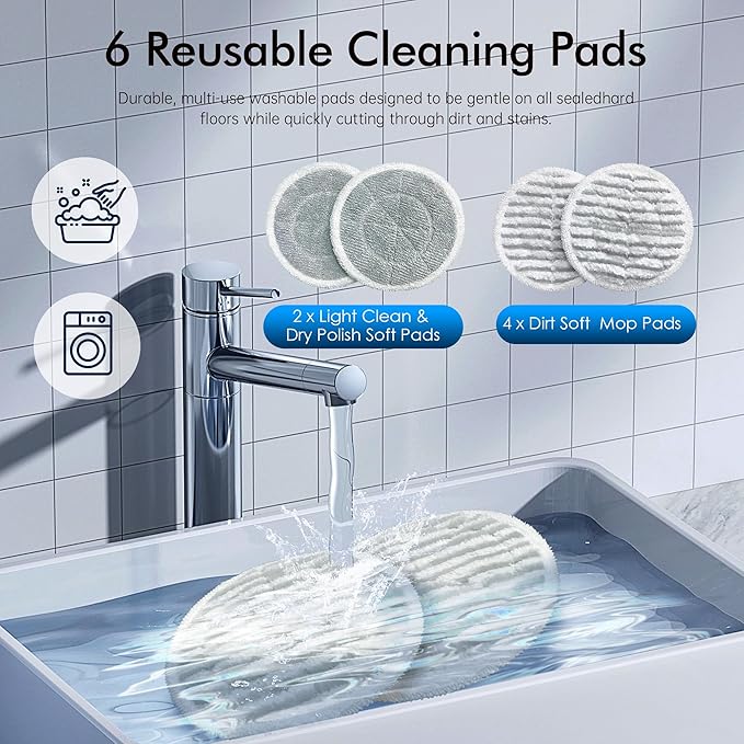 Scrubbing Steam Mop with Rotating Mop Pads, All-in-One Hard Floor Cleaner with LED Headlights, Steam & Spin Control, 6 Soft Scrub Pads, Swivel Steering, FS07