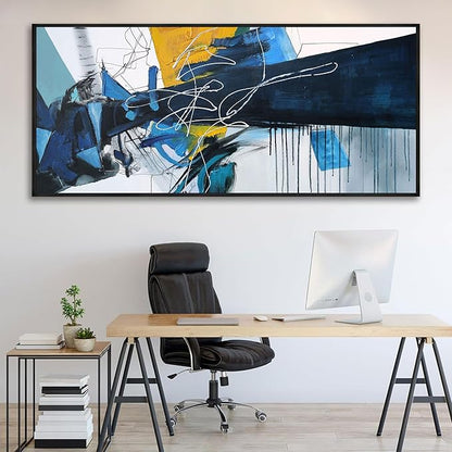 KLAKLA Extra Large Wall Art for Living Room - Blue and white Canvas Framed Wall Decor Living Room Abstract Picture Artwork for Office Bedroom Decorative Paintings