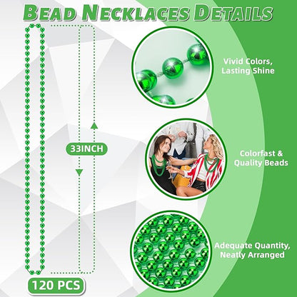 YAXINRUI 120 PCS St. Patricks Day Necklaces, Green Mardi Gras Christmas Bead Necklaces, 33" St. Patrick's Day Green Beads St. Patricks Day Accessories for Mardi Gras, St. Patricks Day Party Favors