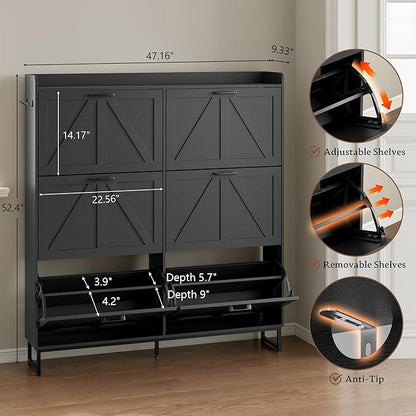 Shoe Cabinet with 6 Flip Drawers Narrow Shoe Storage Cabinet Organizer Wooden Freestanding Shoe Rack Hidden Slim Shoes Storage Cabinet for Entryway, Hallway, Living Room, Bedroom