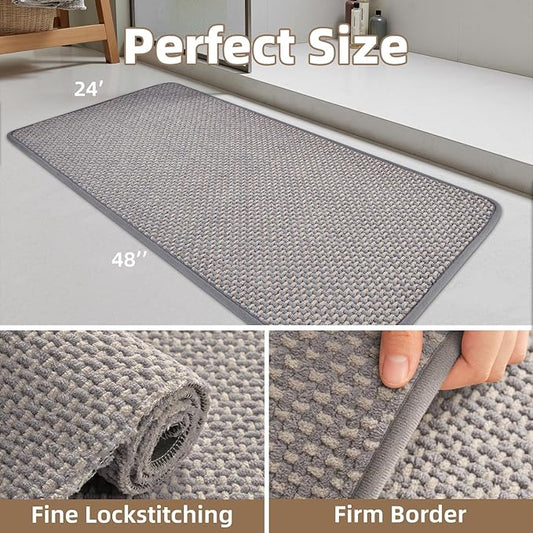PADOOR-Bath Mat Runner-Super Absorbent Chenille Bathroom Mats-Rubber Backed Bath Mats for Bathroom Non Slip, Easy Clean Bathroom Runner Rugs Front of Bathtub,Shower Room,Sink-24×48, Grey&Beige