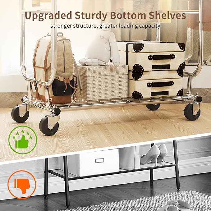 Clothes Rack Heavy Duty 620LBS For Hanging Clothes, Commercial Garment Rack Heavy Duty,Collapsible ＆ Portable Clothes Rack with Wheels,Rolling Clothing Racks Metal Clothing Rack (CR-H)