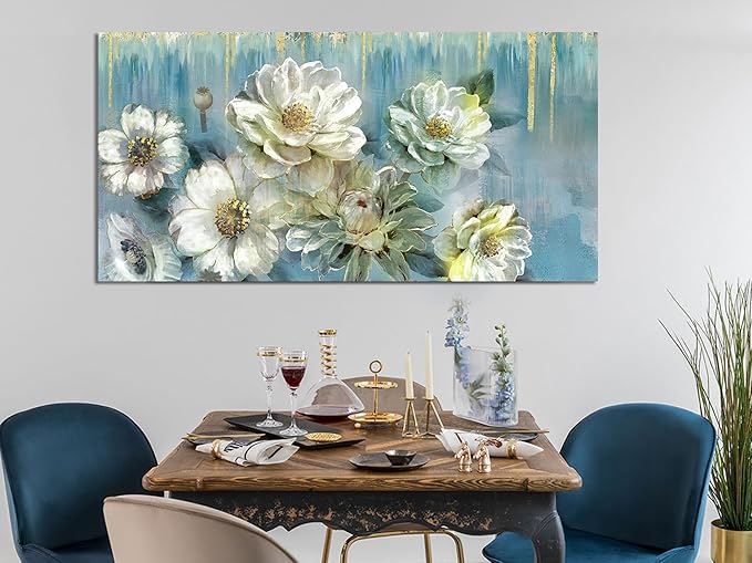 Ardemy Floral Canvas Wall Art for Living Room Large Magnolia White Flowers Teal Pictures Wall Decor Textured Painting ModernTurquoise Artwork Bathroom Bedroom Dining Room Home Office, 40"x20"
