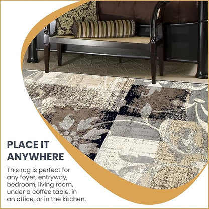 Superior Indoor Area Runner, Jute Backed, Perfect for Hallway, Entryway, Office, Living/ Dining Room, Bedroom, Kitchen, Floor, Modern Floral Decor, Pastiche Collection, 2' 7" x 8', Beige