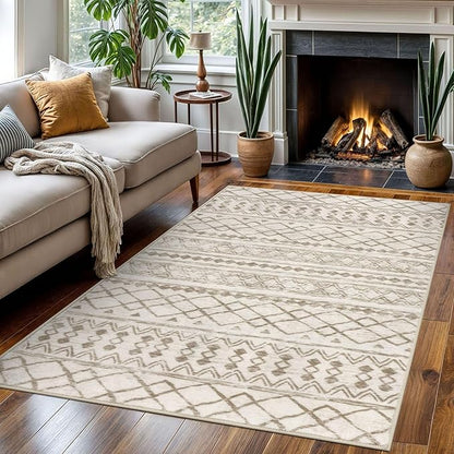 KUTA Area Rug 4x6 Boho, Moroccan Washable Rugs for Living Room Non Slip, Beige Ultra Soft Print Distressed Geometric Low-Pile Throw Carpet for Bedroom Nursery Dorm Decor