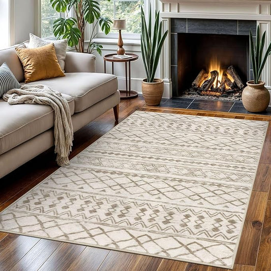 KUTA Area Rug 4x6 Boho, Moroccan Washable Rugs for Living Room Non Slip, Beige Ultra Soft Print Distressed Geometric Low-Pile Throw Carpet for Bedroom Nursery Dorm Decor