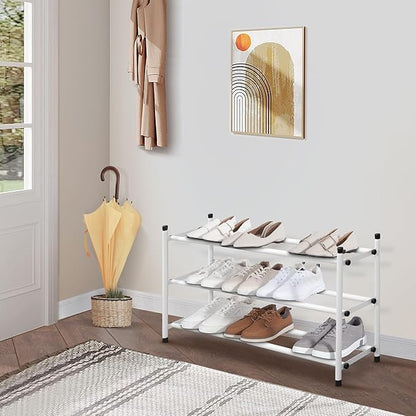 STORAGE MANIAC Expandable Shoe Rack, 12 Pairs Stackable Small Shoe Rack, Metal Adjustable Shoes Organizer for Closet, Entryway, Hallway, Garage, Front Door, Shoes Shelves, White 3 Tier