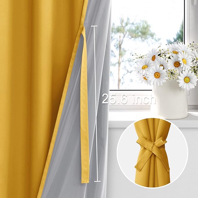 XWZO Extra Wide 100% Blackout Curtains with Tiebacks- Privacy Protection & Noise Blocking Window Draperies Grommet Top with Black Liner for Bedroom/Living Room, Yellow, W60 x L63, Set of 2