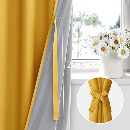 XWZO Extra Wide 100% Blackout Curtains with Tiebacks- Privacy Protection & Noise Blocking Window Draperies Grommet Top with Black Liner for Bedroom/Living Room, Yellow, W60 x L63, Set of 2