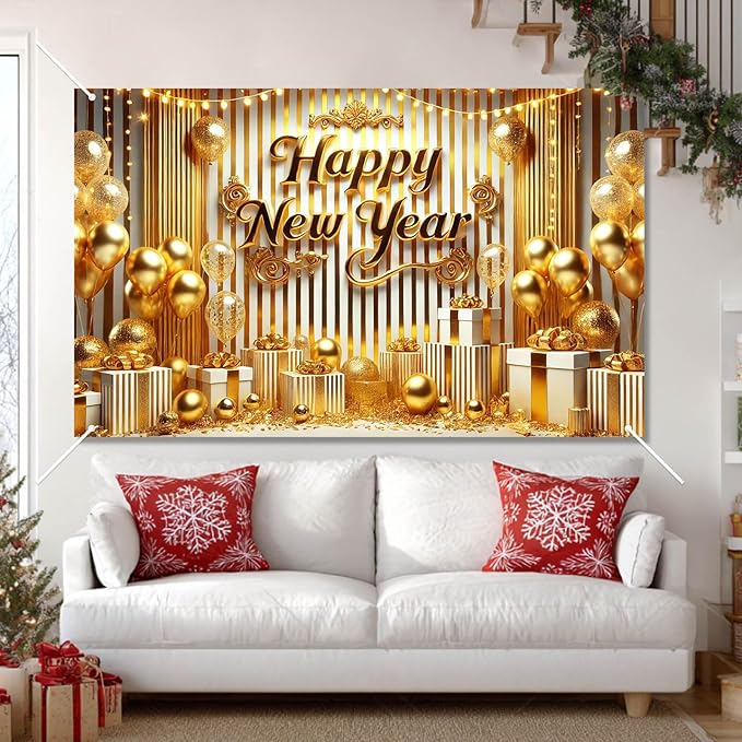 Happy New Year Banner 2026 71 x 43 Inch Gold New Year Party Decoration Photo Backdrop for Celebration Holiday Party Decor Wall Hanging Indoor Outdoor Event
