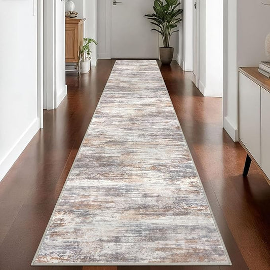 KOZYFLY Modern Abstract Washable Rug Runner 2.6x14 Hallway Rug Runner Non-Slip Soft Kitchen Runner Rugs, Multi Grey Striped Carpet for Entryway Bathroom Laundry Room Foyer