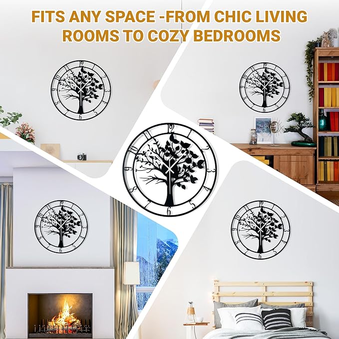 24inch/60cm Large Tree of Life Wall Clocks for Living Room Decor,Bedroom,Battery Operated Big Metal Decorative Analog Silent Non Ticking Wall Clock,Room Wall Decor (Tree of Life, 24 inches)