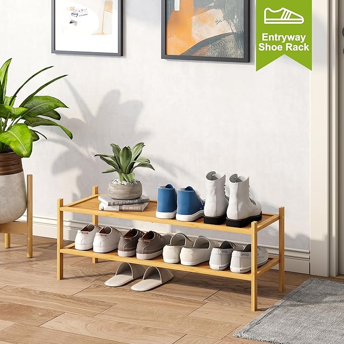 BMOSU 2-Tier Bamboo Extended Shoe Rack Premium Stackable Shoe Shelf Storage Organizer for Hallway Closet Living Room Entryway Organizer(Natural)