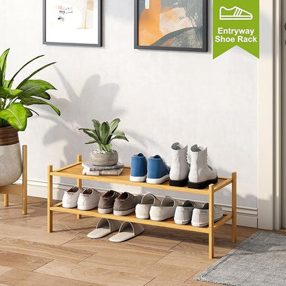 BMOSU 2-Tier Bamboo Extended Shoe Rack Premium Stackable Shoe Shelf Storage Organizer for Hallway Closet Living Room Entryway Organizer(Natural)
