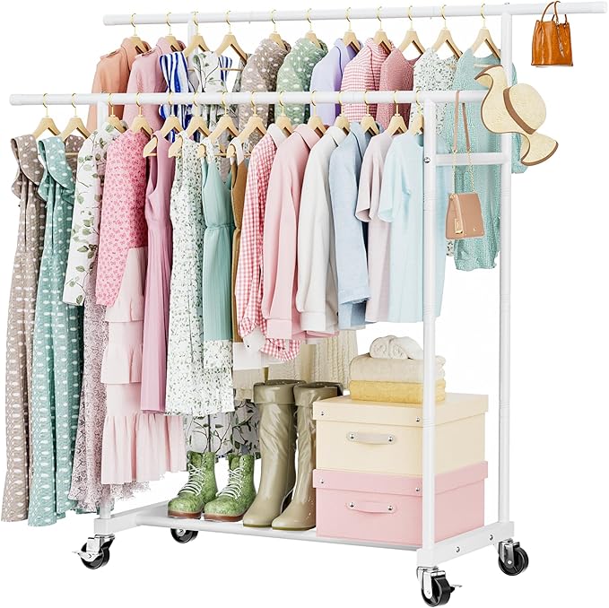 Abiglifty Clothes Rack for Hanging Clothes, Double Rods Clothing Rack with Wheels, Portable Closet for Laundry, Bedroom, White