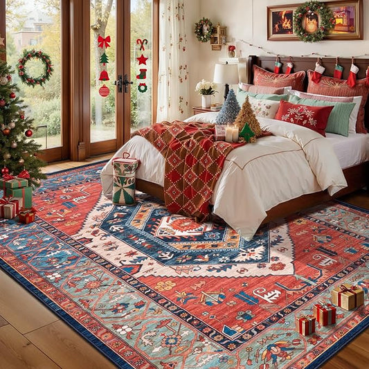 SERISSA 7x9 Area Rugs for Living Room, Large Washable Non-Slip Boho Rug, Ultra Soft Vintage Rust Oriental Tribal Print Distressed Carpet for Dining Room Bedroom Dorm Office Home Decor