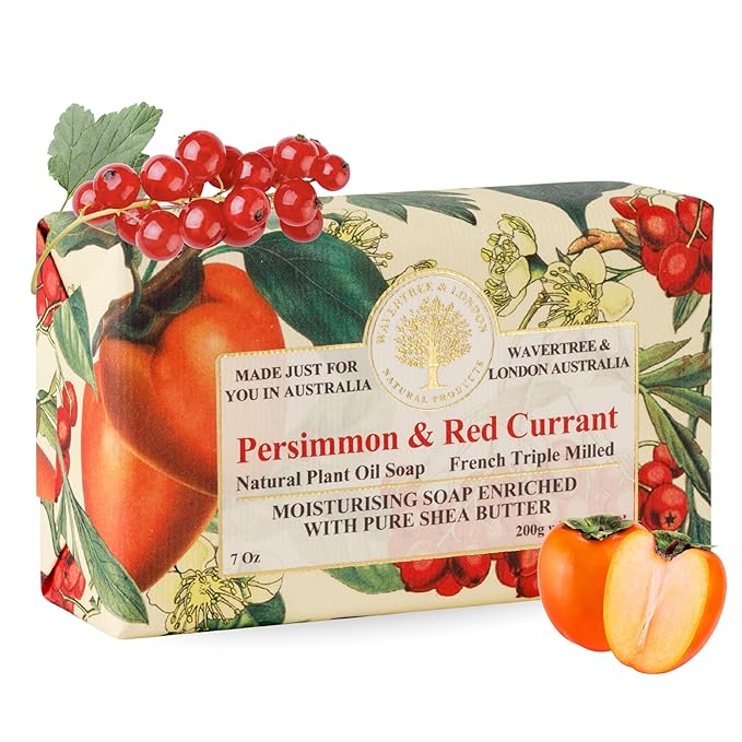 Wavertree & London Persimmon & Red Currant Scented Natural Soap Bar, 7oz Moisturizing French Triple Milled Soap Bar for Women & Men Enriched with Organic Shea Butter, Pure Bath & Body Soap (1 Bar)