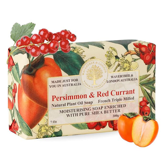 Wavertree & London Persimmon & Red Currant Scented Natural Soap Bar, 7oz Moisturizing French Triple Milled Soap Bar for Women & Men Enriched with Organic Shea Butter, Pure Bath & Body Soap (1 Bar)