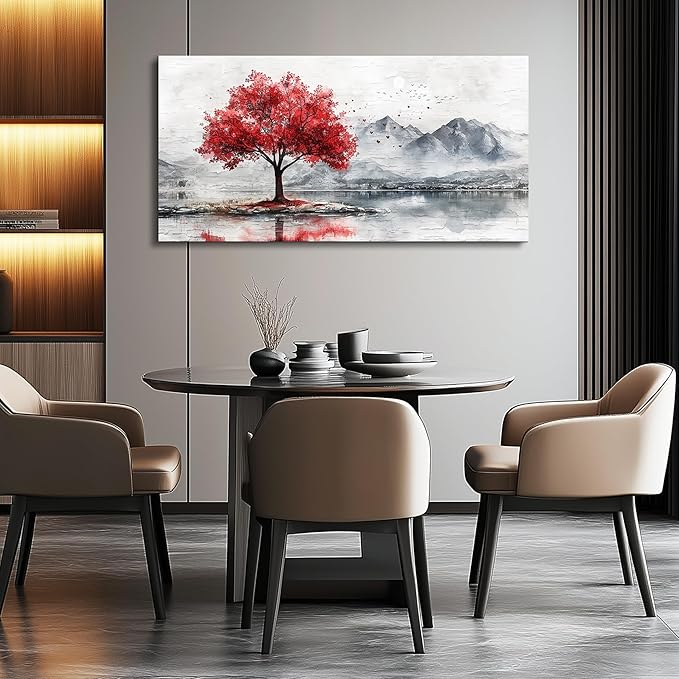 QIYILEXWART Large Wall Decor For Living Room Canvas Wall Art For Office Modern Wall Decorations For Bedroom Red Tree Landscape Painting Farmhouse Pictures Artwork Room Home Decor 24x48 In