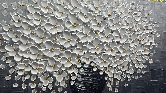 YaSheng Art - White Flower Oil Painting on Canvas 3D Thick Texture Black and White Floral Vase Canvas Wall Art Modern Abstract Art Home Bedroom, Dining Room, Living Room, Office Wall Decor 24x48inch