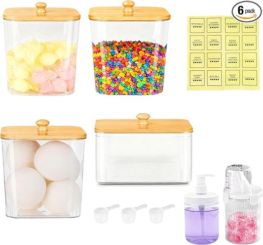 6-Piece Laundry Pod Storage Set. Transparent laundry storage container with bamboo lid and label, ideal for storing fabric softener, liquid detergent, laundry pods, and fragrance boosters.