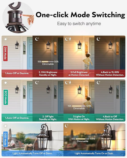 2 Pack Motion Sensor Outdoor Porch Lights Wall Mount, Oil Rubbed Bronze Outside Garage Lights Wall Lantern, Dusk to Dawn Exterior Lighting Fixtures, Anti-Rust Outside Sconce Light for Patio