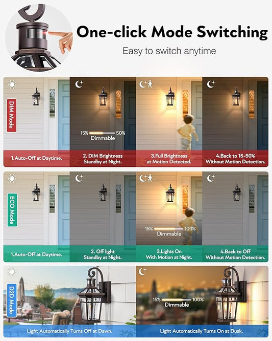 2 Pack Motion Sensor Outdoor Porch Lights Wall Mount, Oil Rubbed Bronze Outside Garage Lights Wall Lantern, Dusk to Dawn Exterior Lighting Fixtures, Anti-Rust Outside Sconce Light for Patio