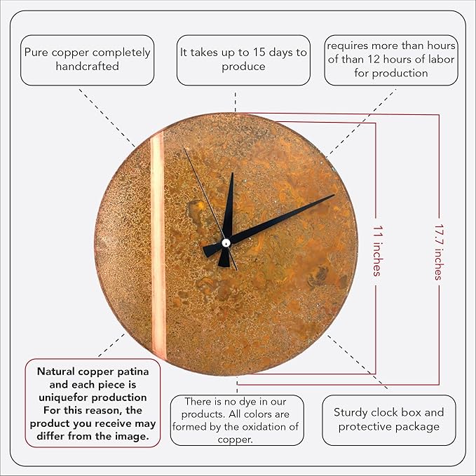Handmade Copper Wall Clock Artisan Touch in Every Piece - Tree of Time Wall Decor Copper Clock for Living Room, Office, Kitchen & Bedroom (Rusty Line, 17.7)