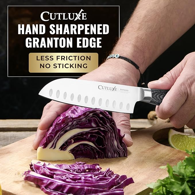 Santoku Knife – Ultra Sharp 5 Inch Meat and Vegetable Japanese Knife for Chopping, High Carbon Stainless Steel Blade, Full Tang Pakkawood Handle – Shinobi Series