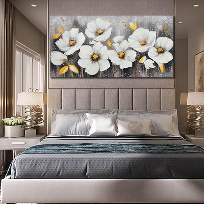 CIRABKY White Flower Canvas Wall Art for Living Room - Modern Hand Painted Wall Art for Office - Teen Girls Room Decor for Bedroom 29" x 59"