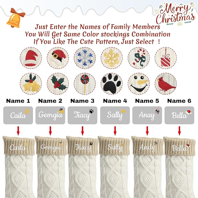 Personalized Christmas Stockings,Custom Embroidered Name+Logo Xmas Knitted Stockings 18'',Holiday and Family Stocking for Fireplace Christmas Holiday Party Decoration 1-6Pack（White Flax）
