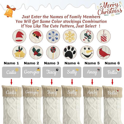 Personalized Christmas Stockings,Custom Embroidered Name+Logo Xmas Knitted Stockings 18'',Holiday and Family Stocking for Fireplace Christmas Holiday Party Decoration 1-6Pack（White Flax）