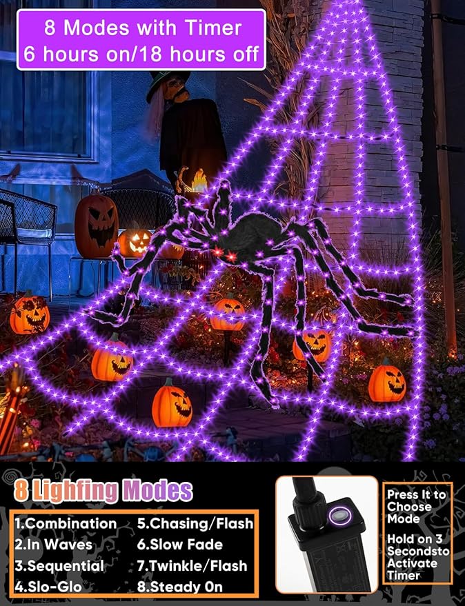 Halloween Decorations Outdoor Spider Web Lights - 550 LED 16.4Ft Spiderweb with 4Ft Large Light Up Spider, Waterproof, 8 Modes Memory Function for Outdoor Yard Halloween Decor (with Spider)