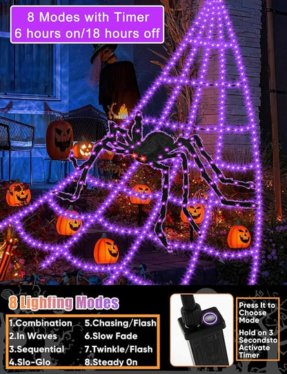 Halloween Decorations Outdoor Spider Web Lights - 550 LED 16.4Ft Spiderweb with 4Ft Large Light Up Spider, Waterproof, 8 Modes Memory Function for Outdoor Yard Halloween Decor (with Spider)