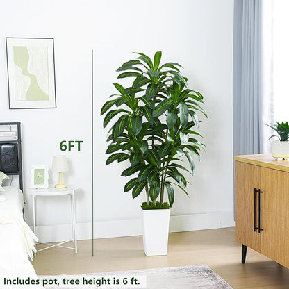 Artificial Dracaena Plant Indoor Fake Tree, Tall Fake Floor Plants with White Planter, Artificial Yucca Tree for Home Office Living Room Bedroom Farmhouse Modern Outdoor Topiary Tree(6 Trunks 6FT)