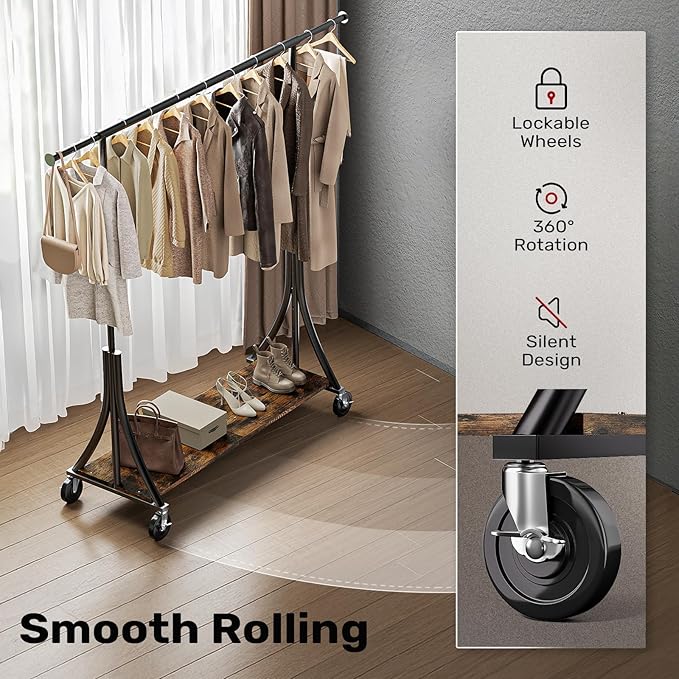 MAXLEAD Clothes Rack, Clothing Rack with Wood Shelves 500 LBS Heavy Duty Garment Rack for Hanging Clothes Portable Closet Sturdy Coat Rack for Bedroom, Living Room, Laundry, Balcony, Black
