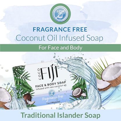 Coco Fiji Soap Bar for Face and Body Infused With Organic Coconut Oil, Fragrance Free, Essential Oil, Natural Soap for Moisturizing & Pore Purifying Skin, 7 oz,Pack of 12