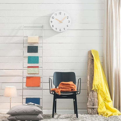 Plumeet 10'' Wooden Wall Clock Small Frameless Clocks with Silent Quartz Movement - Modern Style Village Wall Clocks Decorative Home Kitchen - Battery Operated (White)