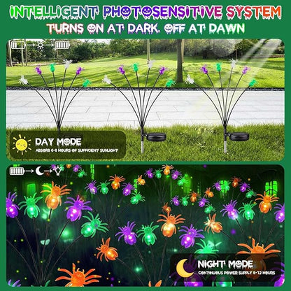 6 Pack 36LED Purple Orange and Green Halloween Solar Spider Garden Lights Outdoor, Solar Firefly Lights Swaying Lights with 2 Modes, Waterproof for Garden Yard Lawn Pathway Halloween Decorations