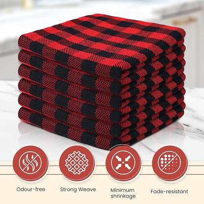 Vintage Vista 100% Cotton Dish Cloths (Pack of 6) - Dish Rags for Washing Dishes - Reusable & Highly Absorbent Kitchen Towels - Kitchen Rags for Christmas - (12" x 12" - Black & Red Checkered)