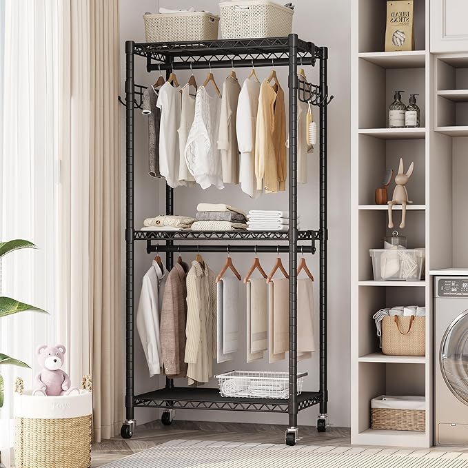Mini Rolling Clothes Rack with Adjustable Metal Wire Shelving, Heavy Duty Clothing Rack for Hanging Clothes, Portable Closet with Wheels Side Hooks, Freestanding Closet Wardrobe, Black