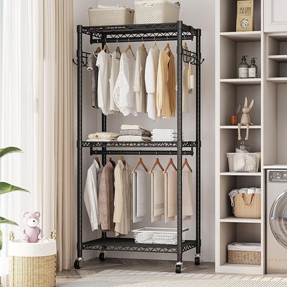 Mini Rolling Clothes Rack with Adjustable Metal Wire Shelving, Heavy Duty Clothing Rack for Hanging Clothes, Portable Closet with Wheels Side Hooks, Freestanding Closet Wardrobe, Black