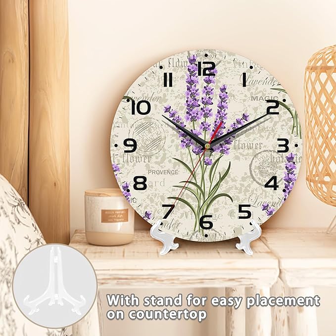 Vintage Floral with Lavenders Wall Clock Silent Non-Ticking Battery Operated Clock 10 Inch, Home Decor for Living Room, Kitchen, Bedroom and Office