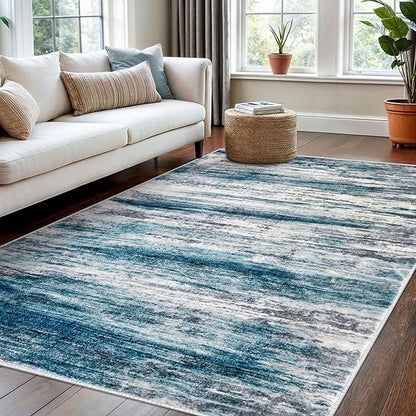 KOZYFLY 4x6 Area Rug Modern Ombre Rugs for Bedroom, Washable Rug Non-Slip Soft Striped Living Room Area Rug, Print Grey-Blue Abstract Carpet for Laundry Nursery