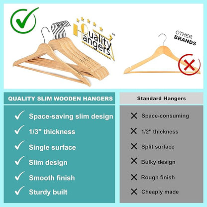 Quality Hangers Premium Slim Wooden Hangers 30 Pack - Thin Space Saving Hangers with 360 Degree Swivel Hook & Shoulder Groves Types of Clothing – Natural (30, Natural)