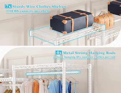 Raybee Clothes Rack Heavy Duty Clothing Racks for Hanging Clothes Adjustable Hanging Clothes Rack Garment Rack, White, 13.9" D x 70.6" W x 77" H