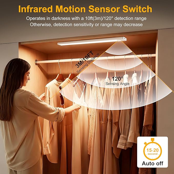8 Inch Under Cabinet Lighting, 2 Pack Rechargeable Motion Sensor Light, USB Wireless Indoor Closet Lights, 3 Color & 5 Level Dimmable, Easy Installation Lights for Kitchen, Pantry, Stairs