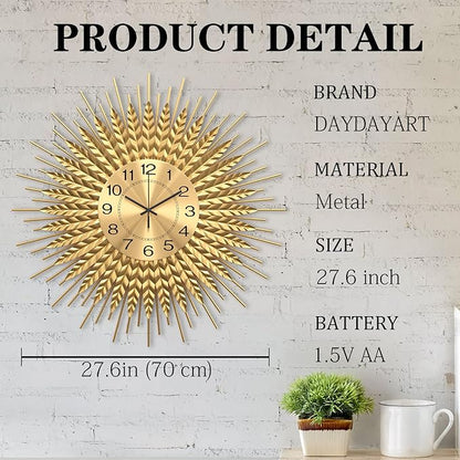 28 Inch Gold Large Wall Clock Decorative Metal Mid Century Wall Clocks, Modern Big Silent Non-Ticking Clock, Modern Handmade Home Art Decor for Living Room, Bedroom, Dining Room