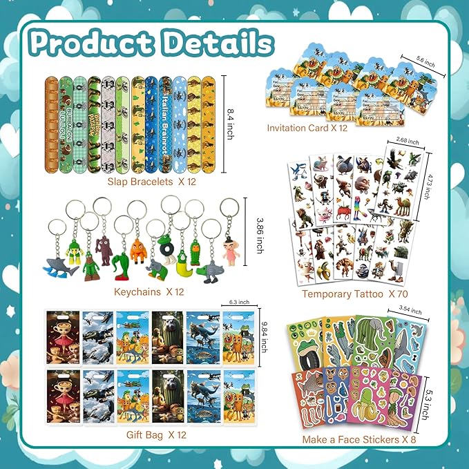 126 PCS Italian Brainrot Party Favors Set – Temporary Tattoos, Slap Bracelets, Invitation Cards, Keychains, Gift Bags & Make a Face Stickers for Italian Brainrot Party Gift Giveaways, Holiday Rewards