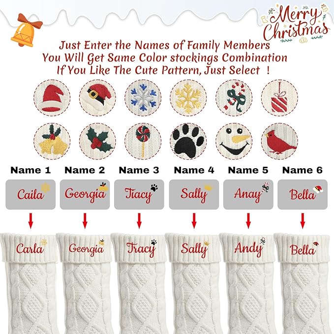 Personalized Christmas Stockings,Custom Embroidered Name+Logo Xmas Knitted Stockings 18'',Holiday and Family Stocking for Fireplace Christmas Holiday Party Decoration 1-6Pack（White）